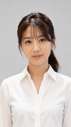 Woman with brown hair and bangs wearing a white collared shirt