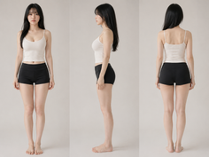 Woman in a white tank top and black shorts shown from front, side, and back