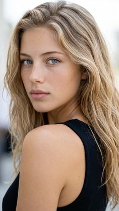 Woman with blonde hair and blue eyes looking over her shoulder