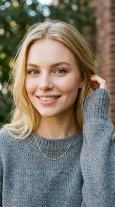 Blonde woman in a gray sweater and gold chain smiling outdoors