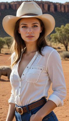 Woman in a cowboy hat and white shirt in a desert landscape