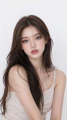 Woman with long brown hair and light eyes in a light-colored tank top
