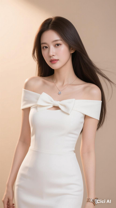 Woman in a white off-shoulder dress with a bow detail and necklace