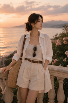 Woman in a white shirt and shorts standing on a balcony at sunset