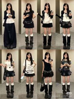 Multiple women in various dark-toned, layered outfits with platform boots