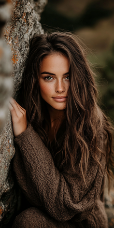 Woman with long brown hair and freckles wearing a brown sweater outdoors