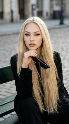 Woman with long blonde hair and black blazer holding sunglasses on a cobblestone street