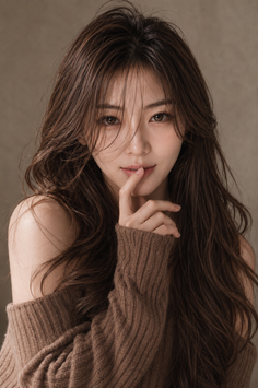 Woman with long brown hair wearing a brown off-shoulder sweater