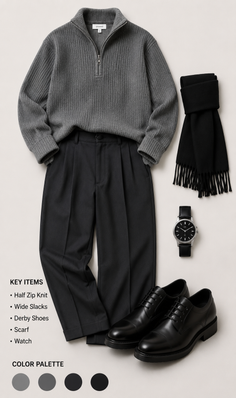 Men's outfit with a gray knit sweater, black wide slacks, and black derby shoes