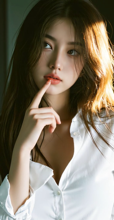 Woman with long hair in a white shirt, finger on her lips
