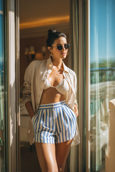 Woman in a bikini top and striped shorts on a sunny balcony