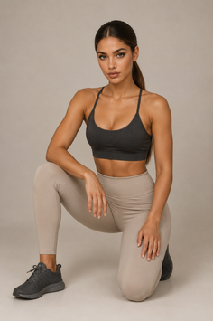 Woman in a dark sports bra and light leggings in a studio