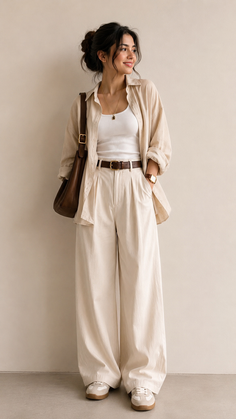 Woman in a neutral-toned outfit with wide-leg pants and an oversized shirt