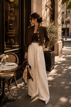 Woman in a brown cropped jacket and white wide leg pants standing outside a cafe