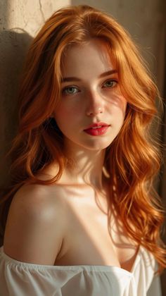 Woman with red hair and green eyes in soft golden hour lighting