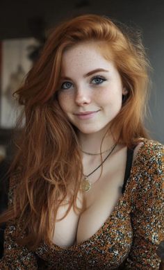 Woman with red hair and freckles wearing a low-cut top and necklace