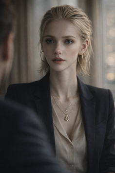 Blonde woman in a blazer and collared shirt with layered necklaces