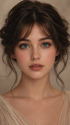 Realistic portrait of a young woman with blue eyes and dark wavy hair