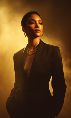 Woman in a suit jacket with exposed skin and jewelry in dramatic warm lighting