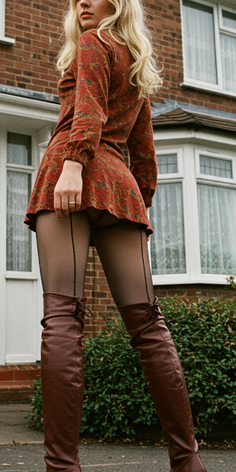 Woman in a patterned mini dress and thigh-high boots outdoors