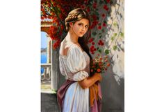Woman with braided hair in a white dress holding flowers on a balcony overlooking the sea
