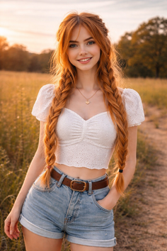 Woman with long red braids wearing a white crop top and denim shorts in a field