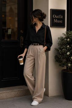 Woman in a black shirt and wide leg pants holding a coffee cup outdoors