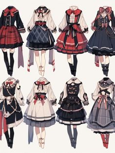 Collection of anime-style lolita fashion outfits with bows and frills