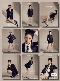 Woman in a black blazer and white shirt posing in a studio