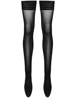 Pair of sheer black thigh-high stockings with striped tops