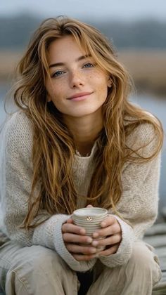 Woman with long hair and freckles holding a mug outdoors