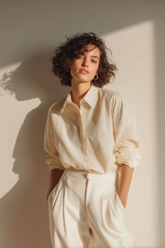 Woman with short curly hair in a white shirt and pants, lit by golden hour sun