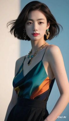 Woman with short hair wearing a colorful top and jewelry