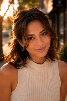Woman with short brown hair and hoop earrings in golden hour sunlight