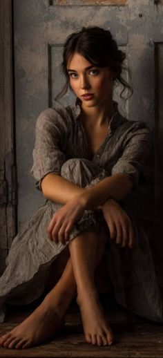 Woman in a long dress sitting barefoot indoors with soft lighting