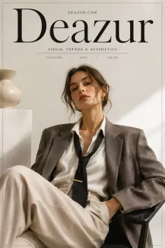 Woman in a suit jacket and tie, sitting indoors with soft lighting