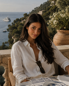 Woman with long dark hair in a white shirt on a terrace overlooking the sea