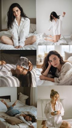 Collage of women in white shirts posing casually in a bedroom setting