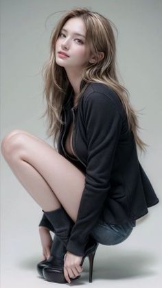 Woman in a black jacket and high heels posing in a studio