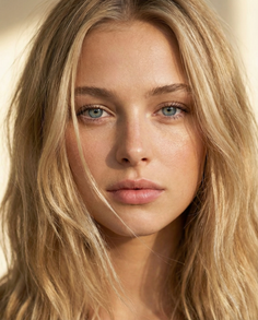 Close up portrait of a woman with blonde hair and blue eyes