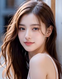 Realistic portrait of a woman with long brown hair and a white top