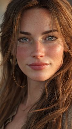 Close up portrait of a woman with long hair, blue eyes, and freckles in golden hour light