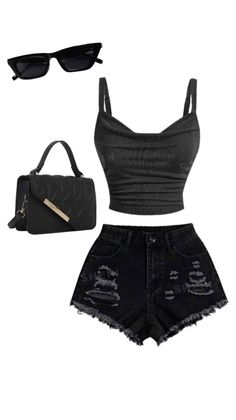 Black crop top, distressed denim shorts, handbag, and sunglasses on white background