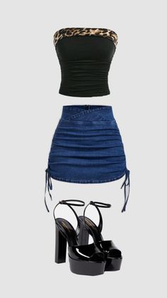 Black tube top with leopard print trim, ruched denim mini skirt, and black platform heels