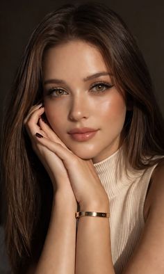 Woman with long brown hair and a gold bracelet, looking directly at the viewer