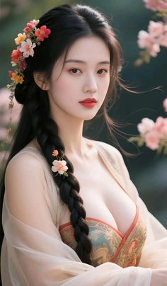 Woman with long braided hair and floral ornaments in traditional attire