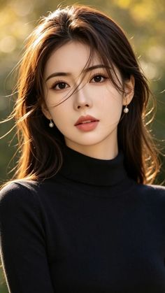 Woman with long hair and pearl earrings wearing a black turtleneck in soft golden hour light
