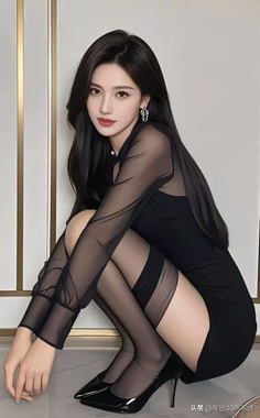 Woman with long black hair in a black dress and thigh-high stockings squatting indoors