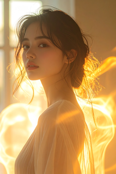 Woman with dark hair in a sheer top, bathed in golden hour light
