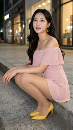 Woman in a pink off-shoulder dress and yellow heels crouching on a city street at night